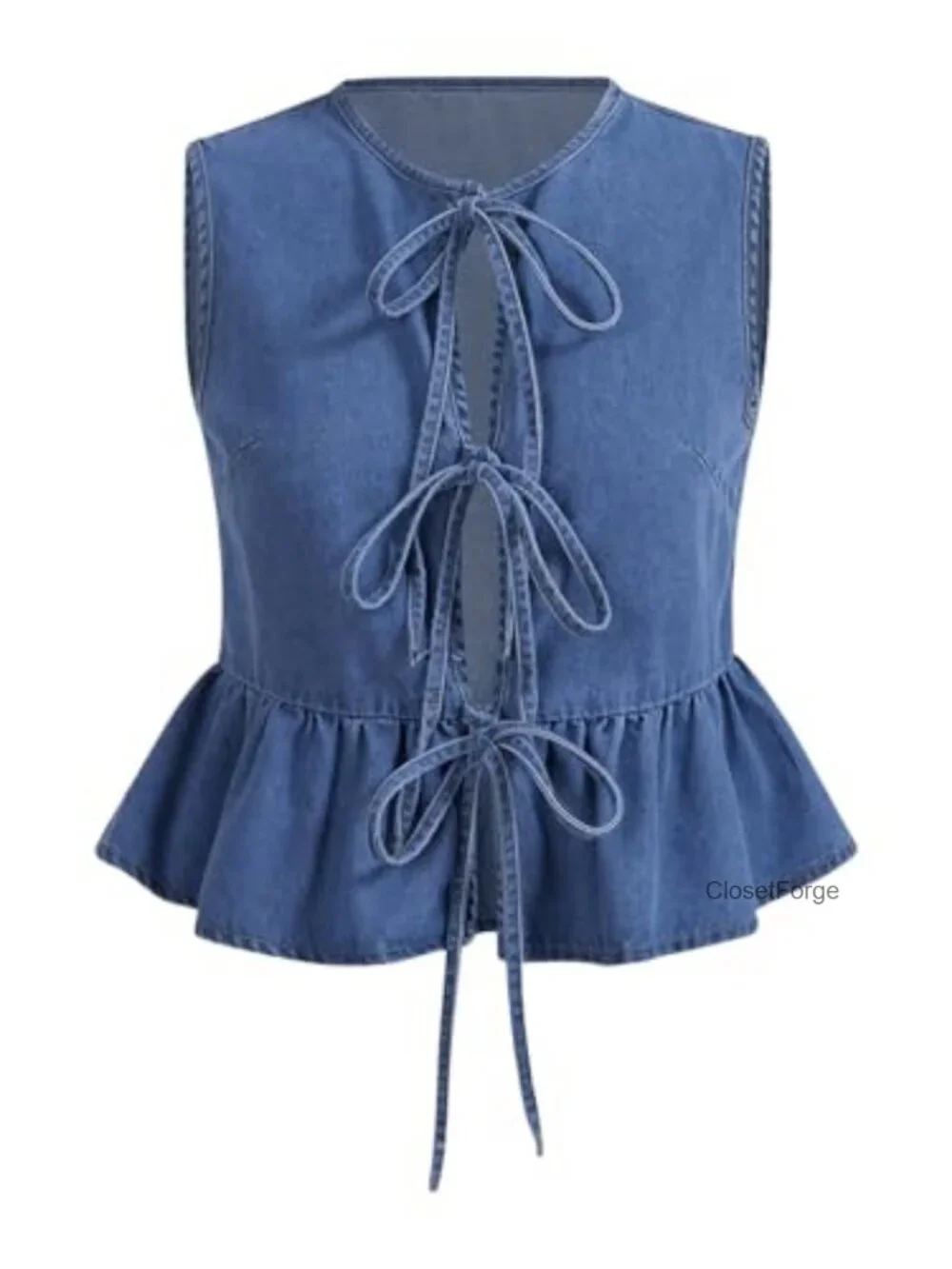 Plus Size Denim Tie Front Vest Sleeveless Crew Neck Ruffle Hem Jean Jacket